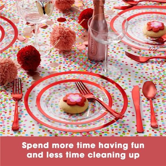 150 Pcs Clear and Red Plastic Plates for Party | Disposable Dinnerware Set - Picture 5 of 7